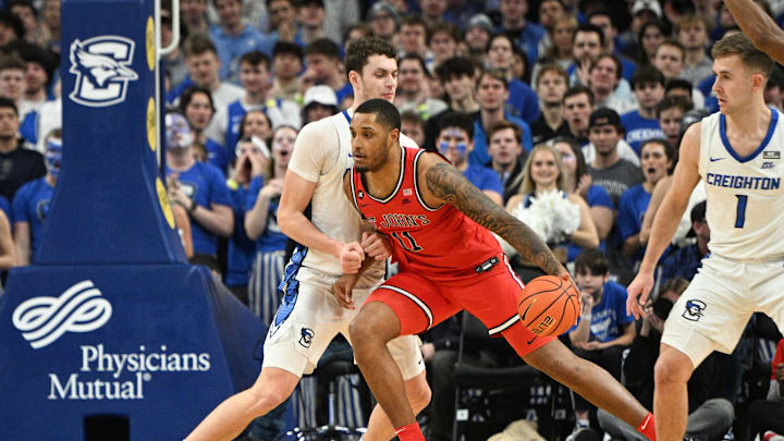 Jan 13, 2024; Omaha, Nebraska, USA;  St. John's Red Storm center Joel Soriano (11) backs in against