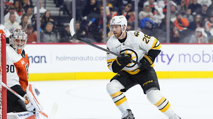 Feb 28, 2026; Philadelphia, Pennsylvania, USA; Boston Bruins center Elias Lindholm (28) in action against the Philadelphia Flyers in the first period at Xfinity Mobile Arena. Mandatory Credit: Kyle Ross-Imagn Images