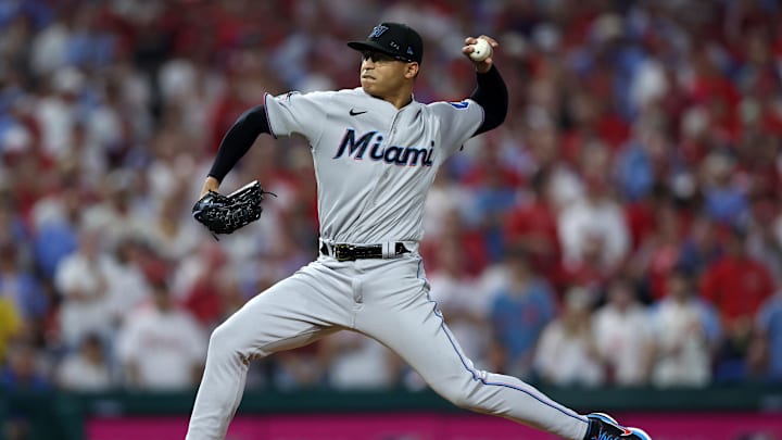 Oct 3, 2023; Philadelphia, Pennsylvania, USA; Miami Marlins starting pitcher Jesus Luzardo (44)