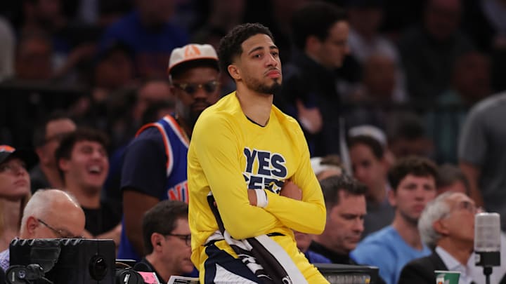 iMay 21, 2025; New York, New York, USA; Indiana Pacers guard Tyrese Haliburton (0) looks on in the third quarter against the New York Knicks during game one of the eastern conference finals for the 2025 NBA Playoffs at Madison Square Garden. Mandatory Credit: Brad Penner-Imagn Images iMay 21, 2025; New York, New York, USA; Indiana Pacers guard Tyrese Haliburton (0) looks on in the third quarter against the New York Knicks during game one of the eastern conference finals for the 2025 NBA Playoffs at Madison Square Garden. Mandatory Credit: Brad Penner-Imagn Images