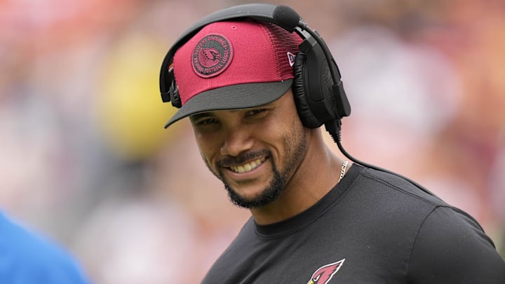 Sep 10, 2023; Landover, Maryland, USA; Arizona Cardinals wide receivers coach Drew Terrell walks on the sideline before the game against the Washington Commander at FedExField. Mandatory Credit: Brent Skeen-Imagn Images