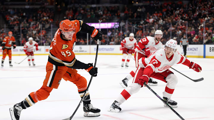 Oct 31, 2025; Anaheim, California, USA;  Anaheim Ducks right wing Beckett Sennecke (45) takes a slapshot during the second period against the Detroit Red Wings at Honda Center. Mandatory Credit: Kiyoshi Mio-Imagn Images
