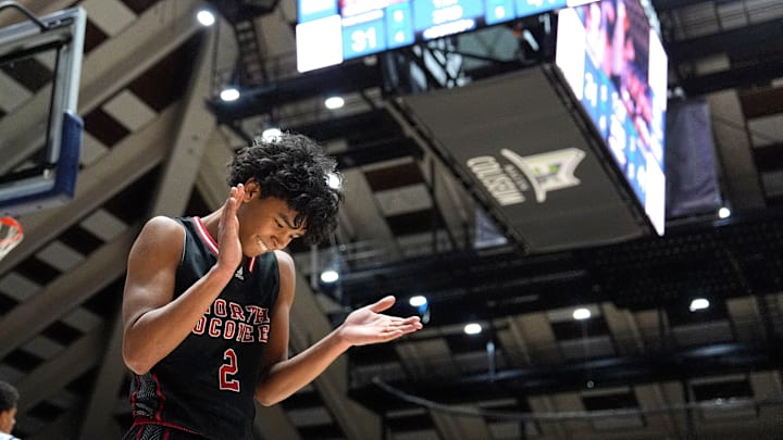 Mar 6, 2025; Macon, Georgia, USA; North Oconee guard Justin Wise (2) reacts after a play during the North Oconee and Pace Academy boys AAAA state basketball championship game at the Macon Coliseum. North Oconee won 60-48. Mandatory Credit: Katie Goodale - Augusta Chronicle/USA TODAY NETWORK