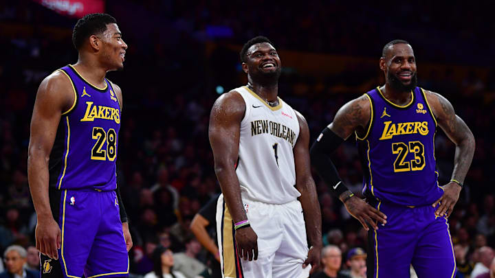 Feb 9, 2024; Los Angeles, California, USA; New Orleans Pelicans forward Zion Williamson (1) speaks with Los Angeles Lakers forward Rui Hachimura (28) and forward LeBron James (23) during the second half at Crypto.com Arena. Mandatory Credit: Gary A. Vasquez-Imagn Images Feb 9, 2024; Los Angeles, California, USA; New Orleans Pelicans forward Zion Williamson (1) speaks with Los Angeles Lakers forward Rui Hachimura (28) and forward LeBron James (23) during the second half at Crypto.com Arena. Mandatory Credit: Gary A. Vasquez-Imagn Images