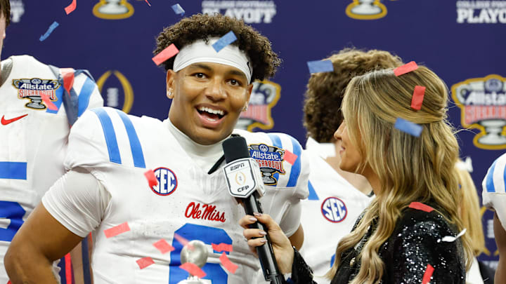 Mississippi Rebels quarterback Trinidad Chambliss is interviewed after the 2026 Sugar Bowl Mississippi Rebels quarterback Trinidad Chambliss is interviewed after the 2026 Sugar Bowl