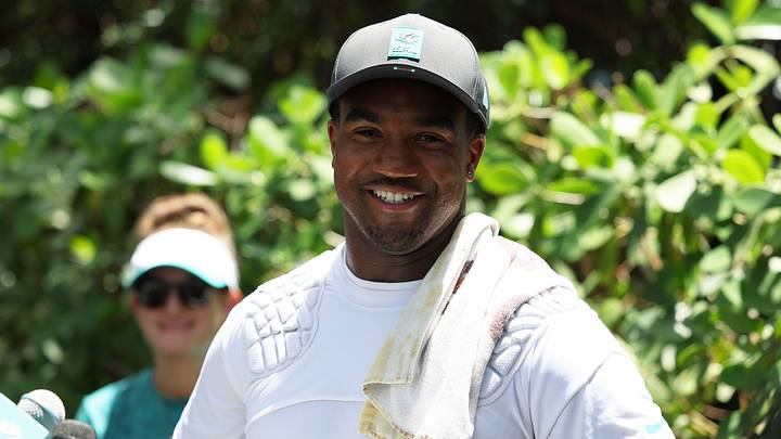 Jun 2, 2026; Miami Gardens, FL, USA; Miami Dolphins linebacker Tyrel Dodson (25) smiling and talking to media after mini camp at Baptist Health Training Complex. Mandatory Credit: Isabella Frias-Imagn Images Jun 2, 2026; Miami Gardens, FL, USA; Miami Dolphins linebacker Tyrel Dodson (25) smiling and talking to media after mini camp at Baptist Health Training Complex. Mandatory Credit: Isabella Frias-Imagn Images