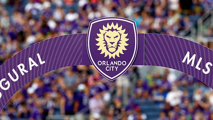 The Orlando City FC logo at mid field during the first half of an MLS soccer match 