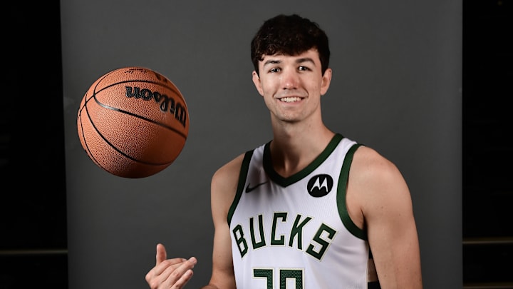 Sep 29, 2025; Milwaukee, WI, USA; Milwaukee Bucks guard Cormac Ryan (30) poses for a picture during Milwaukee Bucks Media Day at the Fiserv Forum.  Mandatory Credit: Benny Sieu-Imagn Images