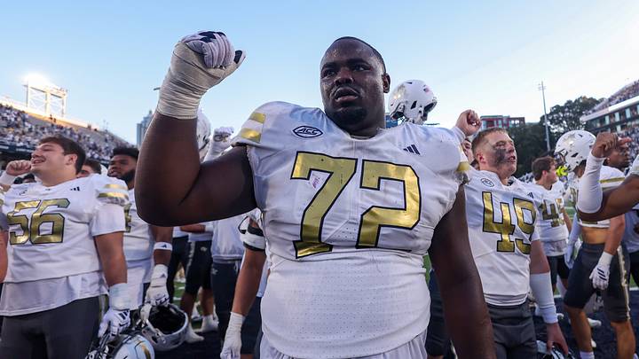 Oct 11, 2025; Atlanta, Georgia, USA; Georgia Tech Yellow Jackets offensive lineman Malachi Carney (72) celebrates after a victory over the Virginia Tech Hokies in the fourth quarter at Bobby Dodd Stadium at Hyundai Field. Mandatory Credit: Brett Davis-Imagn Images Oct 11, 2025; Atlanta, Georgia, USA; Georgia Tech Yellow Jackets offensive lineman Malachi Carney (72) celebrates after a victory over the Virginia Tech Hokies in the fourth quarter at Bobby Dodd Stadium at Hyundai Field. Mandatory Credit: Brett Davis-Imagn Images