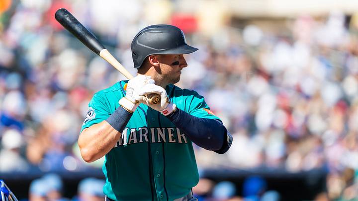 Feb 25, 2026; Surprise, Arizona, USA; Seattle Mariners catcher Andrew Knizner against the Kansas City Royals during a spring training game at Surprise Stadium. Mandatory Credit: Mark J. Rebilas-Imagn Images Feb 25, 2026; Surprise, Arizona, USA; Seattle Mariners catcher Andrew Knizner against the Kansas City Royals during a spring training game at Surprise Stadium. Mandatory Credit: Mark J. Rebilas-Imagn Images