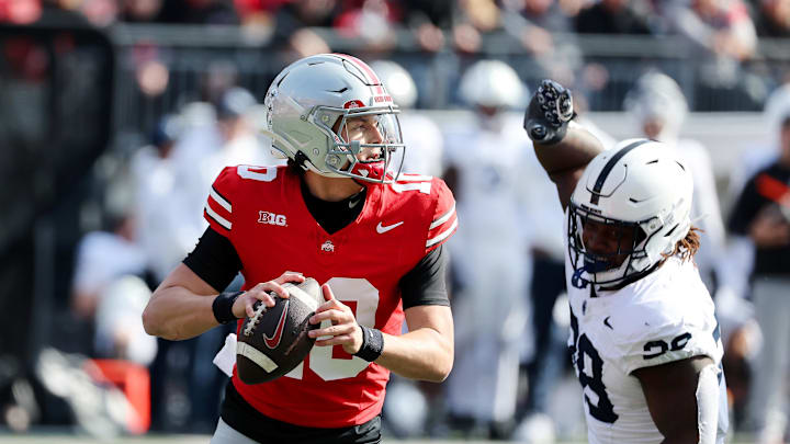 Nov 1, 2025; Columbus, Ohio, USA;  Ohio State Buckeyes quarterback Julian Sayin (10) looks to pass during the second quarter against the Penn State Nittany Lions at Ohio Stadium. Mandatory Credit: Joseph Maiorana-Imagn Images