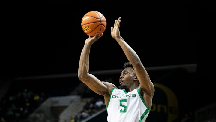 Oregon guard Jermaine Couisnard puts up a shot for three as the Oregon Ducks host California Baptist