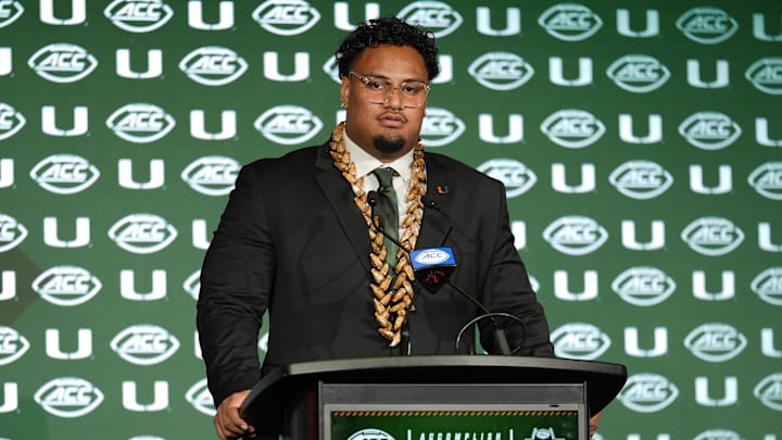 Jul 22, 2025; Charlotte, NC, USA; Miami offensive lineman Francis Mauigoa, Jr answers questions from the media during ACC Media Days at Hilton Charlotte Uptown. Mandatory Credit: Jim Dedmon-Imagn Images