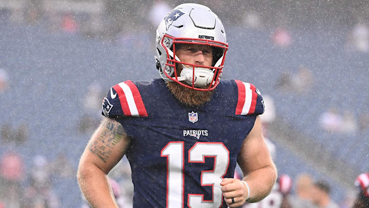 August 8, 2024; Foxborough, MA, USA;  New England Patriots place kicker Joey Slye (13) warms up before a game against the Carolina Panthers at Gillette Stadium. Mandatory Credit: Eric Canha-Imagn Images