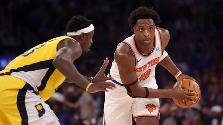 May 6, 2024; New York, New York, USA; New York Knicks forward OG Anunoby (8) controls the ball against Indiana Pacers forward Pascal Siakam (43) during the second quarter of game one of the second round of the 2024 NBA playoffs at Madison Square Garden. Mandatory Credit: Brad Penner-Imagn Images
