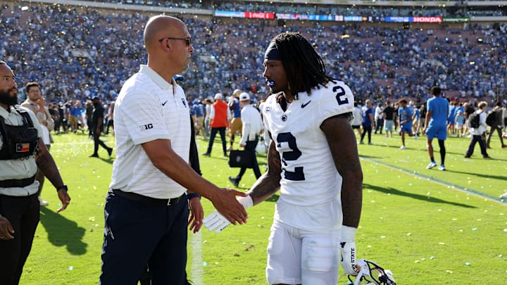Penn State Nittany Lions head coach James Franklin greets cornerback Audavion Collins (2) after defeated by UCLA Bruins 42-37 at Rose Bowl. Credit: Kiyoshi Mio-Imagn Images Penn State Nittany Lions head coach James Franklin greets cornerback Audavion Collins (2) after defeated by UCLA Bruins 42-37 at Rose Bowl. Credit: Kiyoshi Mio-Imagn Images