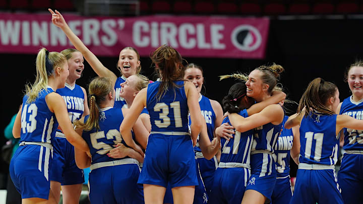 Newell-Fonda girls basketball team celebrates after winning 1A girls high school basketball title games on March 7, 2026, at Casey’s Center in Des Moines, Iowa.