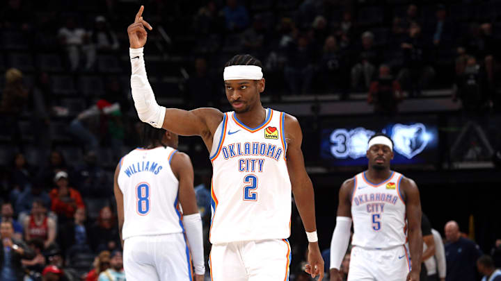 Mar 5, 2025; Memphis, Tennessee, USA; Oklahoma City Thunder guard Shai Gilgeous-Alexander (2) reacts during the fourth quarter against the Memphis Grizzlies at FedExForum. Mandatory Credit: Petre Thomas-Imagn Images Mar 5, 2025; Memphis, Tennessee, USA; Oklahoma City Thunder guard Shai Gilgeous-Alexander (2) reacts during the fourth quarter against the Memphis Grizzlies at FedExForum. Mandatory Credit: Petre Thomas-Imagn Images