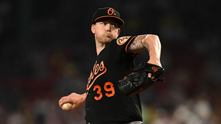 Sep 8, 2023; Boston, Massachusetts, USA; Baltimore Orioles starting pitcher Kyle Bradish (39) pitches against the Boston Red Sox during the first inning at Fenway Park.
