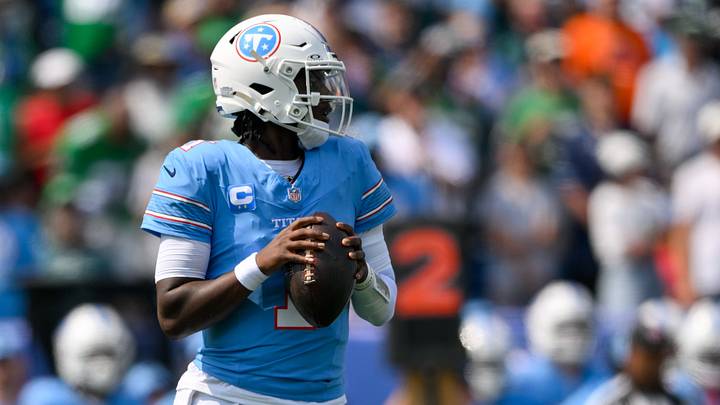 Sep 20, 2026; Nashville, Tennessee, USA; Tennessee Titans quarterback Cam Ward (1) stands in the pocket against the Philadelphia Eagles during the first half at Nissan Stadium. Mandatory Credit: Steve Roberts-Imagn Images