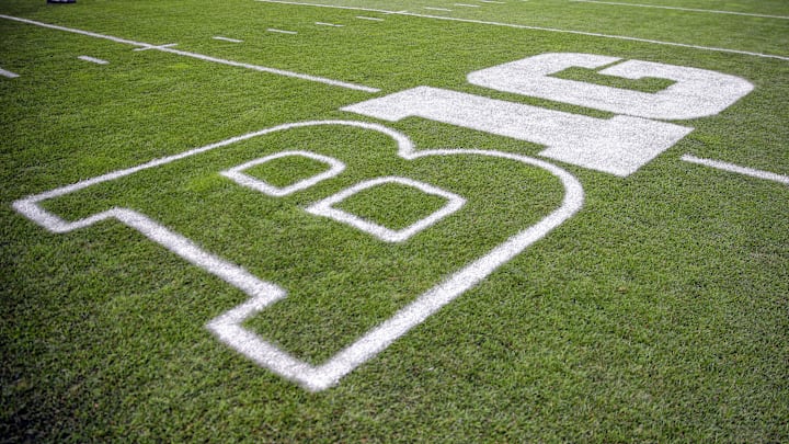Oct 24, 2015; East Lansing, MI, USA; General view of Big Ten logo on field prior to a game between the Michigan State Spartans and the Indiana Hoosiers at Spartan Stadium. Mandatory Credit: Mike Carter-Imagn Images