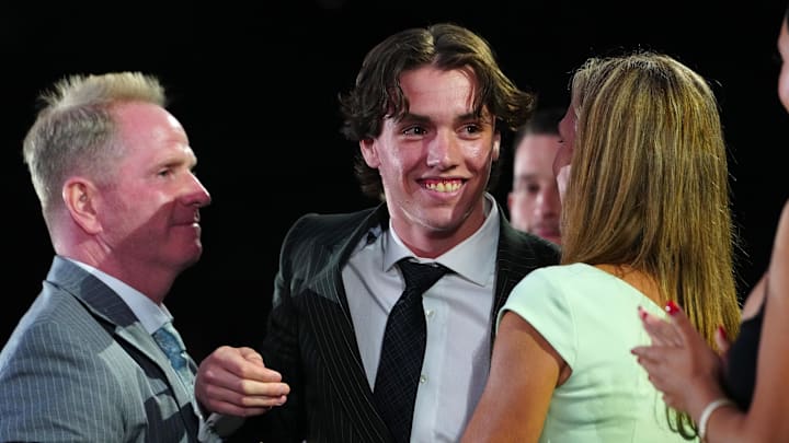 Jun 28, 2024; Las Vegas, Nevada, USA; Trevor Connelly is selected by the Vegas Golden Knights with the 19th overall pick in the first round of the 2024 NHL Draft at The Sphere. Mandatory Credit: Stephen R. Sylvanie-Imagn Images