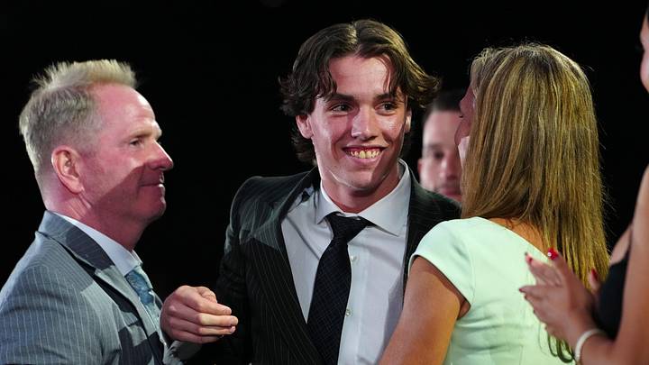 Jun 28, 2024; Las Vegas, Nevada, USA; Trevor Connelly is selected by the Vegas Golden Knights with the 19th overall pick in the first round of the 2024 NHL Draft at The Sphere. Mandatory Credit: Stephen R. Sylvanie-Imagn Images