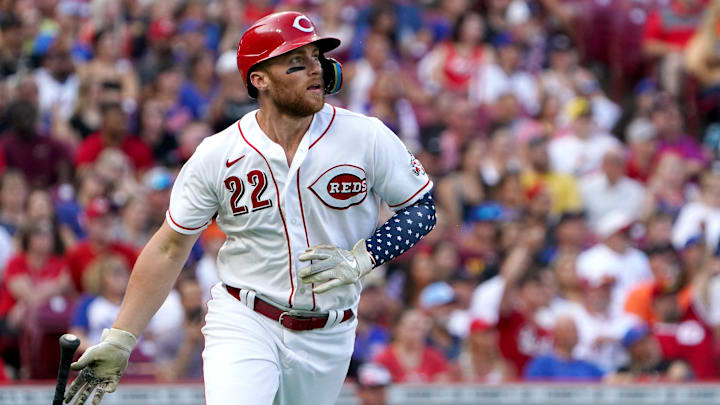 Cincinnati Reds third baseman Brandon Drury (22) drops his bat after hitting a three-run home run.