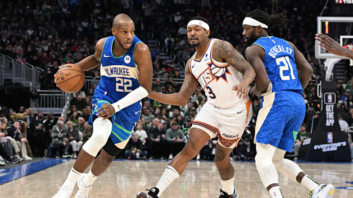 Mar 17, 2024; Milwaukee, Wisconsin, USA; Milwaukee Bucks forward Khris Middleton (22) drives to the basket against Phoenix Suns guard Bradley Beal (3) in the first half at Fiserv Forum. Mandatory Credit: Michael McLoone-Imagn Images Mar 17, 2024; Milwaukee, Wisconsin, USA; Milwaukee Bucks forward Khris Middleton (22) drives to the basket against Phoenix Suns guard Bradley Beal (3) in the first half at Fiserv Forum. Mandatory Credit: Michael McLoone-Imagn Images