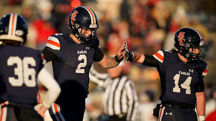 Nashville Christian's Jared Curtis (2) celebrates his touchdown against Columbia Academy with Zane Crampton (14) during the third quarter of the Division II-A championship game at Finley Stadium in Chattanooga, Tenn., Thursday, Dec. 5, 2024.