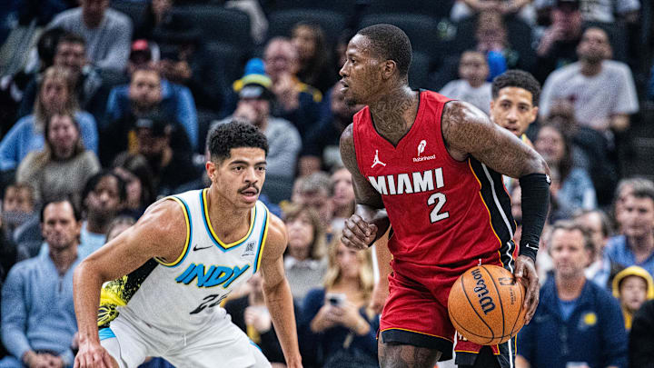 Nov 17, 2024; Indianapolis, Indiana, USA; Miami Heat guard Terry Rozier (2) shoots the ball while Indiana Pacers guard Ben Sheppard (26) defends in the first quarter at Gainbridge Fieldhouse. Mandatory Credit: Trevor Ruszkowski-Imagn Images