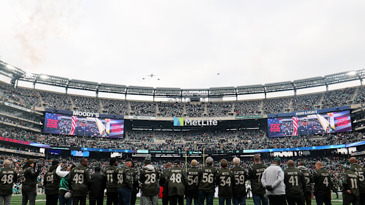 Dec 7, 2025; East Rutherford, New Jersey, USA; A general view during the national anthem and a flyover before the game between the Miami Dolphins and New York Jets at MetLife Stadium. 