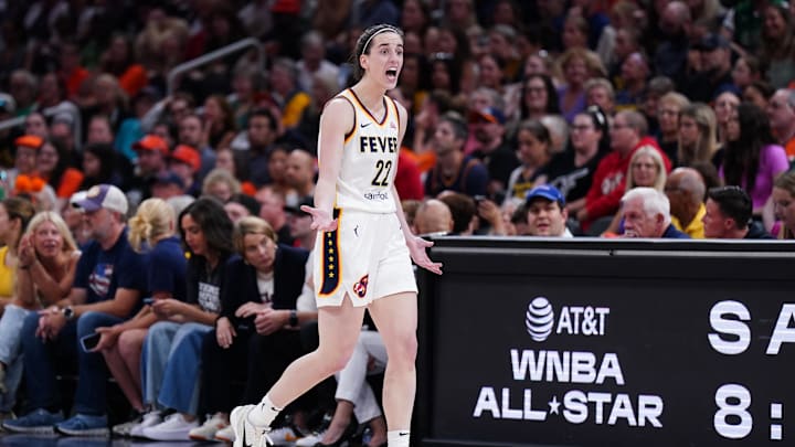 Jul 15, 2025; Boston, Massachusetts, USA; Indiana Fever guard Caitlin Clark (22) reacts after a play against the Connecticut Sun in the second quarter at TD Garden. Mandatory Credit: David Butler II-Imagn Images