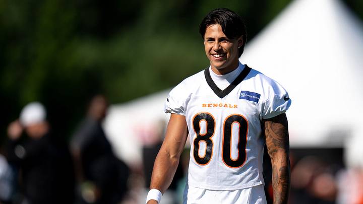 Cincinnati Bengals wide receiver Andrei Iosivas (80) smiles during the Cincinnati Bengals Training Camp 2026 at Kettering Practice Field in Cincinnati on Thursday, July 30, 2026.
