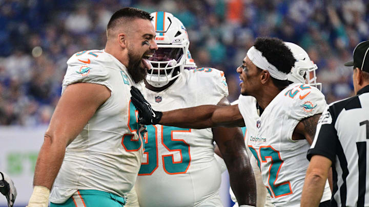 Miami Dolphins defensive tackle Zach Sieler (92) celebrates a fumble recovery with safety Elijah Campbell (22) during the first quarter against the Indianapolis Colts at Lucas Oil Stadium last season. Miami Dolphins defensive tackle Zach Sieler (92) celebrates a fumble recovery with safety Elijah Campbell (22) during the first quarter against the Indianapolis Colts at Lucas Oil Stadium last season.