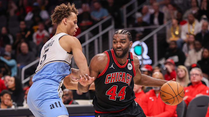 Dec 26, 2024; Atlanta, Georgia, USA; Atlanta Hawks guard Dyson Daniels (5) defends Chicago Bulls forward Patrick Williams (44) in the fourth quarter at State Farm Arena. Mandatory Credit: Brett Davis-Imagn Images
