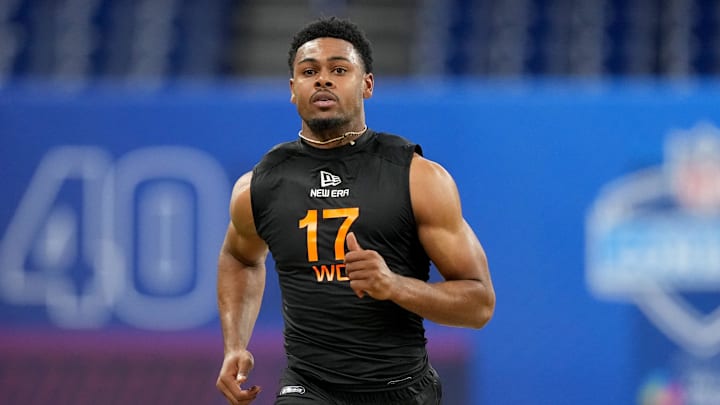 Mar 1, 2025; Indianapolis, IN, USA; Mississippi wideout Tre Harris (WO17) during the 2025 NFL Combine at Lucas Oil Stadium. Mandatory Credit: Kirby Lee-Imagn Images