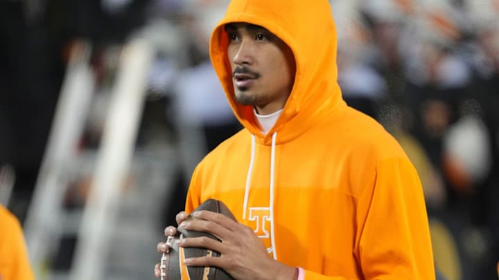 Tennessee quarterback Nico Iamaleava (8) warming up before the start of the NCAA college football playoff game against Ohio State on Saturday, Dec. 21, 2024, in Columbus, Ohio.