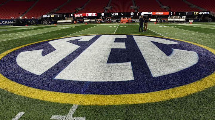 A general view of the SEC logo prior to the game against between Georgia and Alabama.