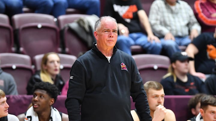 Feb 5, 2025; Blacksburg, Virginia, USA;  Virginia Tech Hokies head coach Mike Young during the second half against the Southern Methodist Mustangs at Cassell Coliseum. Mandatory Credit: Brian Bishop-Imagn Images