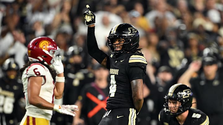 Purdue Boilermakers defensive back Hudauri Hines (4) celebrates an incomplete pass