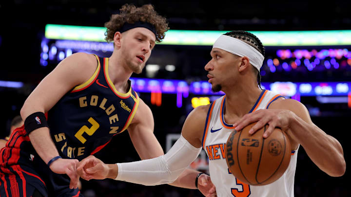 Mar 4, 2025; New York, New York, USA; New York Knicks guard Josh Hart (3) controls the ball against Golden State Warriors guard Brandin Podziemski (2) during the third quarter at Madison Square Garden. Mandatory Credit: Brad Penner-Imagn Images Mar 4, 2025; New York, New York, USA; New York Knicks guard Josh Hart (3) controls the ball against Golden State Warriors guard Brandin Podziemski (2) during the third quarter at Madison Square Garden. Mandatory Credit: Brad Penner-Imagn Images