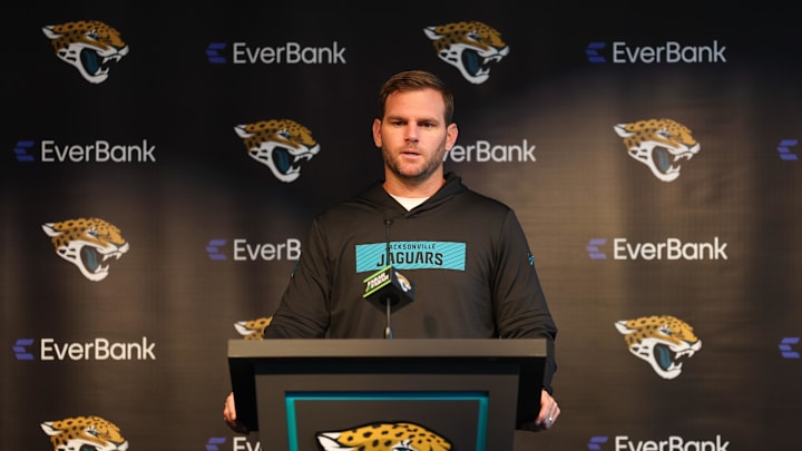 Jul 26, 2024; Jacksonville, FL, USA;  Jacksonville Jaguars offensive coordinator Press Taylor speaks to media before training camp at Miller Electric Center. Mandatory Credit: Nathan Ray Seebeck-Imagn Images