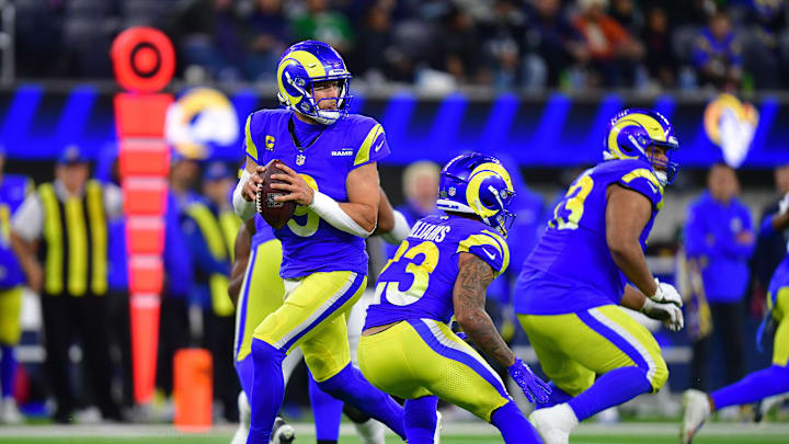 Nov 24, 2024; Inglewood, California, USA; Los Angeles Rams quarterback Matthew Stafford (9) drops back to pass against the Philadelphia Eagles during the second half at SoFi Stadium. Mandatory Credit: Gary A. Vasquez-Imagn Images