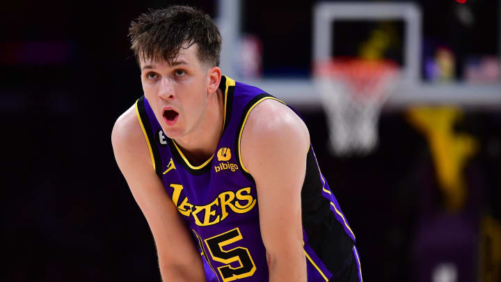 Los Angeles Lakers guard Austin Reaves (15) reacts against the Oklahoma City Thunder during the first half at Crypto.com Arena. Los Angeles Lakers guard Austin Reaves (15) reacts against the Oklahoma City Thunder during the first half at Crypto.com Arena.