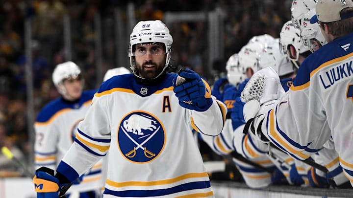 Apr 23, 2026; Boston, Massachusetts, USA; Buffalo Sabres right wing Alex Tuch (89) reacts after scoring a goal against the Boston Bruins during the third period of game three of the first round of the 2026 Stanley Cup Playoffs at the TD Garden. Mandatory Credit: Brian Fluharty-Imagn Images