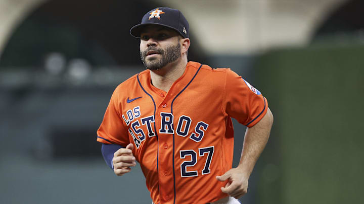 Sep 22, 2023; Houston, Texas, USA; Houston Astros second baseman Jose Altuve (27) wears a Los Astros