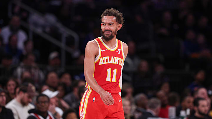 Jan 20, 2025; New York, New York, USA; Atlanta Hawks guard Trae Young (11) reacts after being assessed a technical foul during the second half against the New York Knicks at Madison Square Garden. Mandatory Credit: Vincent Carchietta-Imagn Images