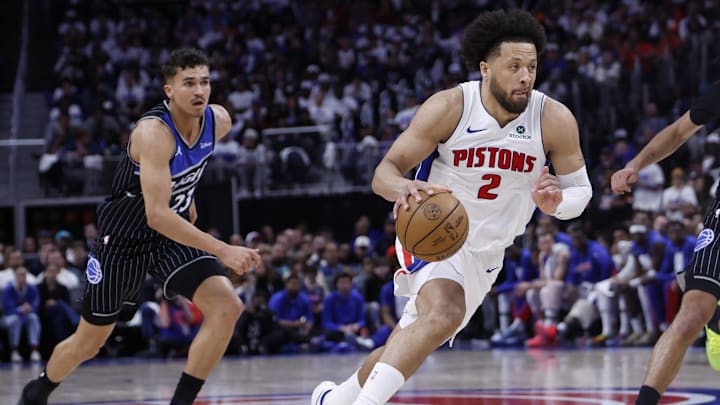 Apr 19, 2026; Detroit, Michigan, USA; Detroit Pistons guard Cade Cunningham (2) dribbles in the second half against the Orlando Magic during the 2026 NBA Playoffs at Little Caesars Arena. Mandatory Credit: Rick Osentoski-Imagn Images