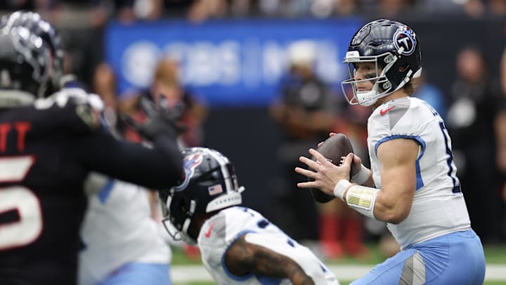 Nov 24, 2024; Houston, Texas, USA;  Tennessee Titans quarterback Will Levis (8) drops back in the pocket against the Houston Texans in the first quarter at NRG Stadium. Mandatory Credit: Thomas Shea-Imagn Images